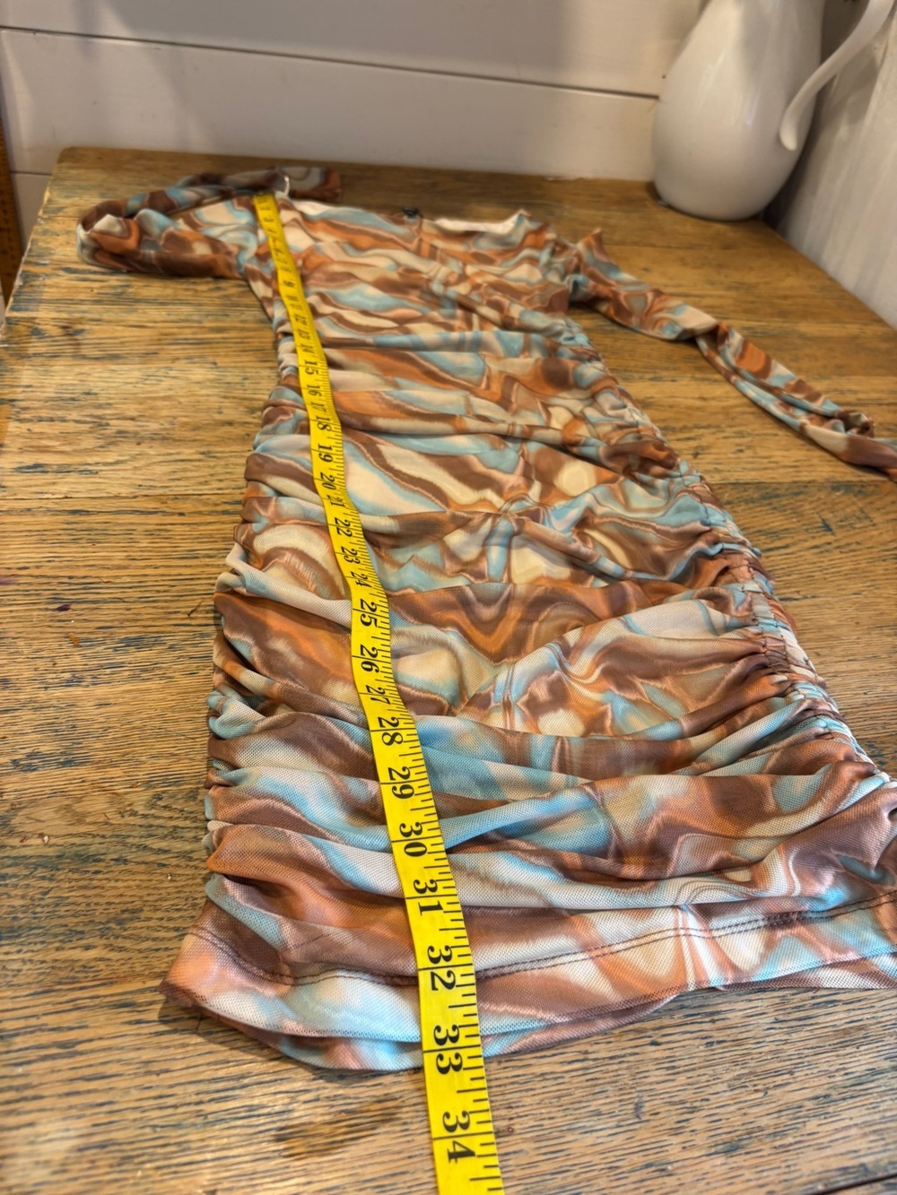 Dynamite Mesh Ruched Mini Dress – Abstract Marble Print – Brown & Blue – Size XS - Picture 10 of 11